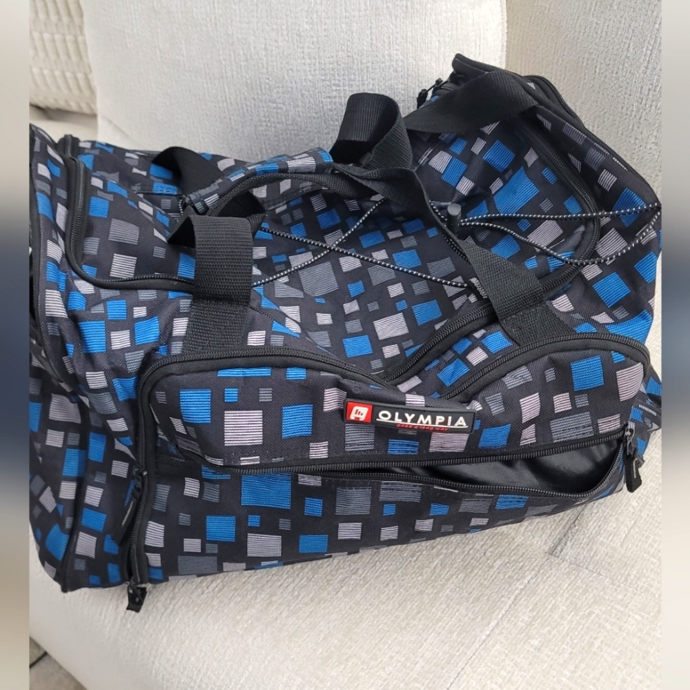 Olympia Duffle Blue, Gray, and Black Print Bag